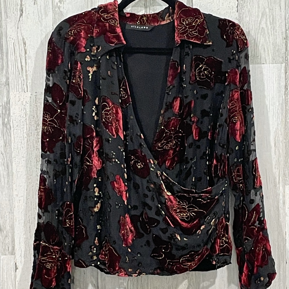 SILKLAND Vintage Floral V-Neck Top Size Large